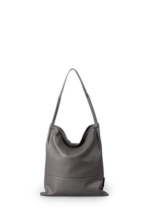 Graue Leder-Tote-Bag mit einer lässigen Form, weitem Opening und einem kontrastierenden, glatten Boden. Verfügt über einen einzigen, abgerundeten Schultergurt.