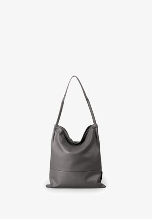 Gray leather tote bag with a slouchy design, wide opening, and a contrasting smooth base. Features a single, rounded shoulder strap.