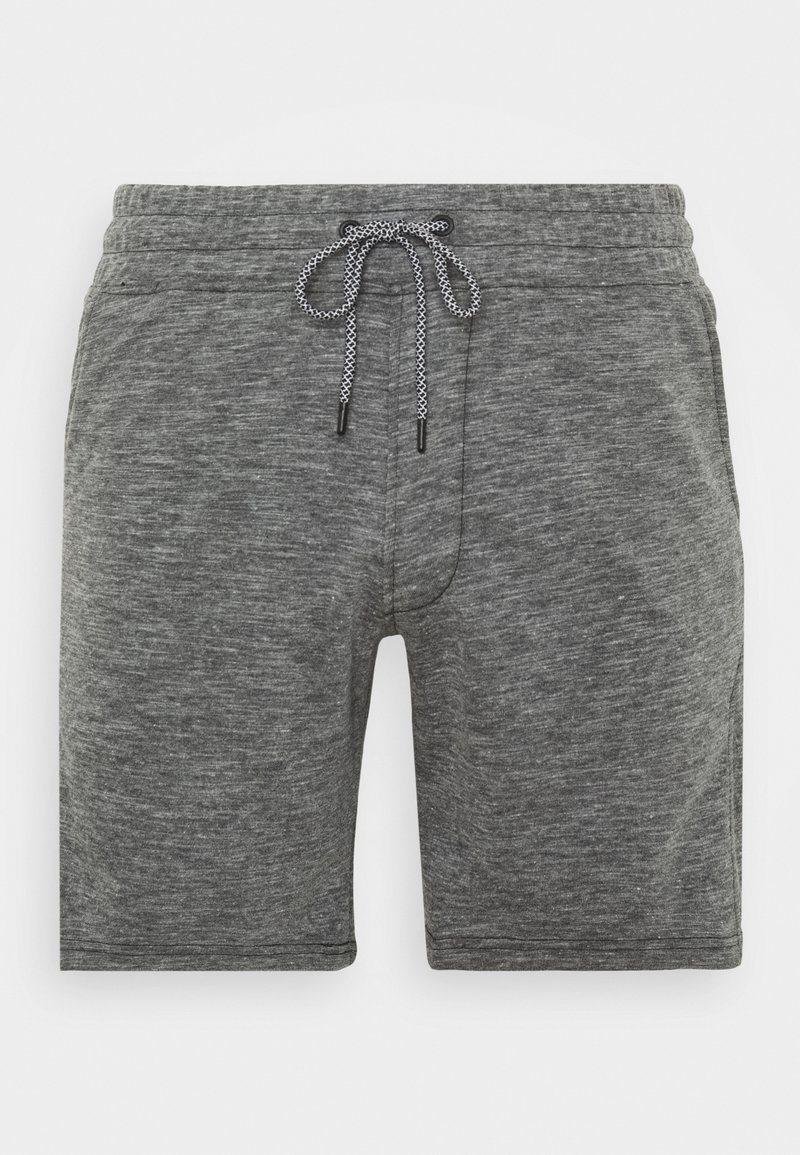 Šedé sportovní šortky vyrobené z měkké, lehké tkaniny. Mají elastický pas s černou šňůrkou, volný střih a jemnou texturu.