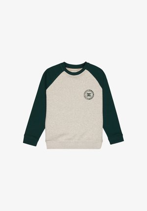 Rundhalsausschnitt-Sweatshirt mit beigem Körper, dunkelgrünen Raglanärmeln und einem kleinen runden Logo auf der linken Brust.