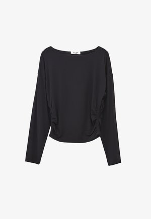 Haut cropped à manches longues noir avec encolure bateau et côtés froncés, fabriqué en tissu doux et léger.