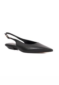 Black leather slingback shoes with a pointed toe and a low block heel. Features a narrow strap with a metal buckle detail.