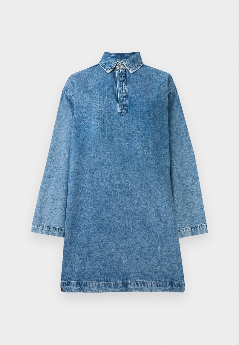 Denim jurk in lichtblauw met een kraag, een half-knopenlijst en lange mouwen. Heeft een rechte snit en afgewerkte randen.