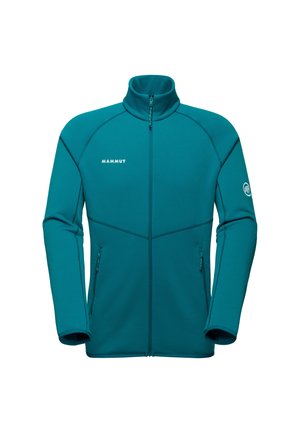 Teal volledige ritssluiting fleece jas met hoge kraag, lange mouwen, ritszakken aan de zijkant, en 'Mammut' logo op de borst en arm.