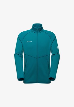 Teal volledige ritssluiting fleece jas met hoge kraag, lange mouwen, ritszakken aan de zijkant, en 'Mammut' logo op de borst en arm.
