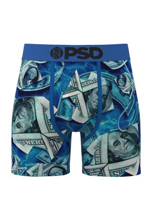 Bóxer azul con estampado total de billetes de dólar estadounidense flotando en el agua, con cintura azul y logo negro de PSD.