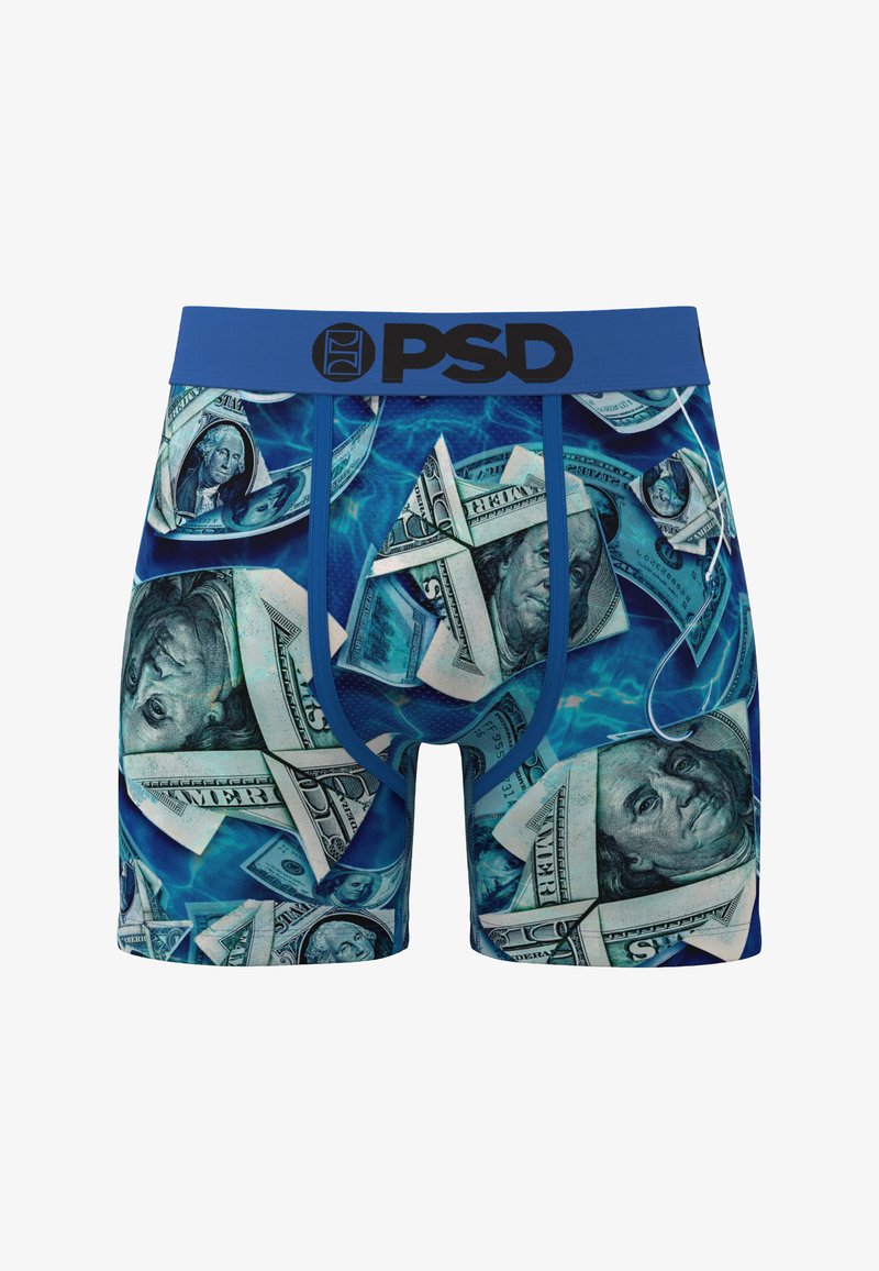 Boxer bleu avec un imprimé intégral de billets de dollars américains flottant dans l’eau, avec une ceinture bleue arborant le logo PSD noir.