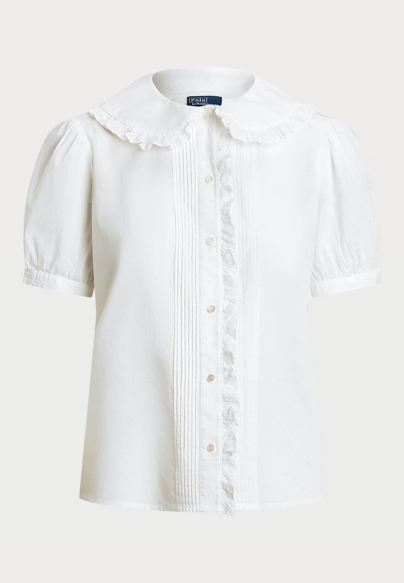 Witte blouse met korte mouwen, voorzien van een grote gerimpelde kraag, een geplooid voorpand en parelknoopjes. Zachte stof met een gladde textuur en een casual pasvorm.