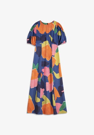 Long blue dress with large abstract floral patterns in orange, pink, green, yellow, and black, featuring puffed short sleeves and a round neckline.