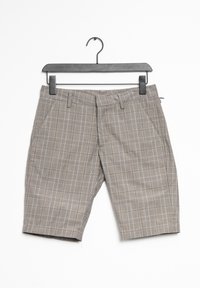 Gråternede shorts lavet af stof med en struktureret finish. Har to frontlommer og et slankt taljebånd. Hængende fra en sort plastisk bøjle.
