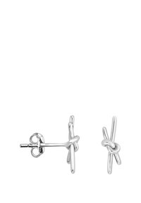 Sivra knutstuds med slät, polerad yta; abstrakt design med sammanflätade former och en säker baksida.