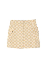 Beige and off-white checkered mini skirt with two front flap pockets and belt loops on a white background.