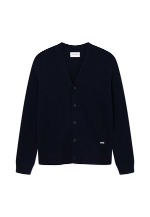 Dunkel marineblaue Strickjacke mit Knöpfen, langen Ärmeln, V-Ausschnitt, gerippten Bündchen und Saum sowie kleinem Markenlogo nahe dem Saum.