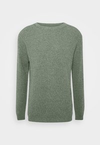 Pull en tricot vert à manches longues, col rond et finition texturée. Design simple sans motifs ni ornements visibles.