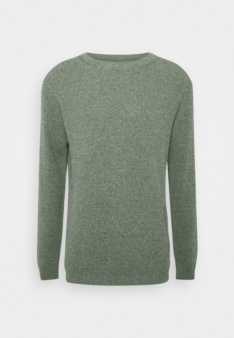 Pull en tricot vert à manches longues, col rond et finition texturée. Design simple sans motifs ni ornements visibles.