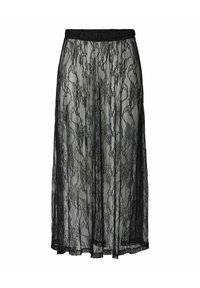 Gonna maxi in pizzo nero con vita elasticizzata, caratterizzata da un design trasparente e un motivo floreale, silhouette fluida e una texture morbida.