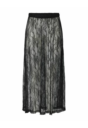 Jupe maxi en dentelle noire avec une taille élastique, présentant un design transparent et un motif floral, une silhouette fluide et une texture douce.
