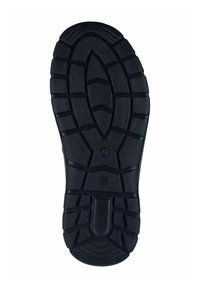 Suola di scarpa in gomma nera con modelli di battistrada profondi per una buona aderenza, caratterizzata da superfici testurizzate e un tallone rinforzato. Design complessivo resistente.