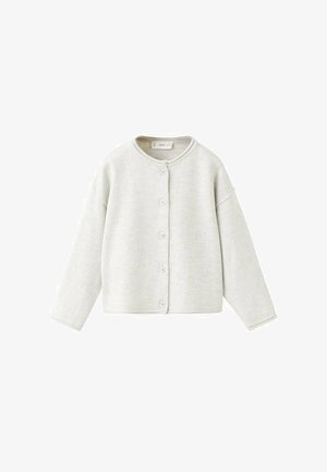 Cardigan gri deschis din țesătură moale, cu decolteu rotund, mâneci lungi și cinci nasturi în față pentru închidere. Design simplu.