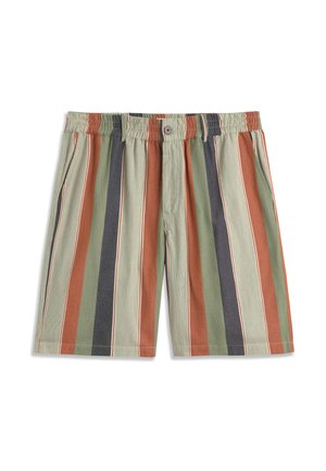 Shorts pour hommes à rayures verticales en vert, rouille, marine et beige, avec une taille élastique, un bouton et des poches latérales.