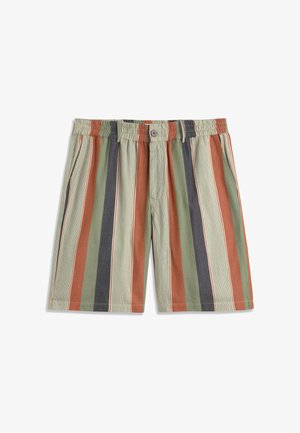 Shorts pour hommes à rayures verticales en vert, rouille, marine et beige, avec une taille élastique, un bouton et des poches latérales.