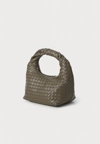 Woven olive green leather bag with a rounded handle, featuring a soft, textured surface and a compact, bulbous shape.