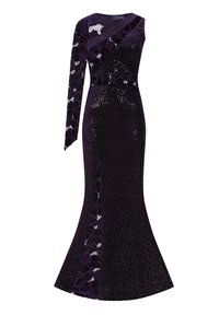 Langärmliges Abendkleid in tiefem Lila mit taillierter Silhouette, verziert mit einem mit Pailletten besetzten Blumenmuster und einem einseitigen Design. Ausgestellter Saum.