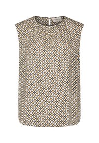 Ärmlös topp i krämfärg med ett geometriskt mönster i svart och guldnyanser. Rundad halsringning med en nyckelhålsöppning i ryggen. Slät tygtextur.