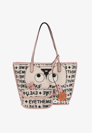 Tote taske med lyserødt håndtag, hvid og sort tekstprint, stor tegneserieugle med store øjne og en aftagelig orange blomsterdetalje.