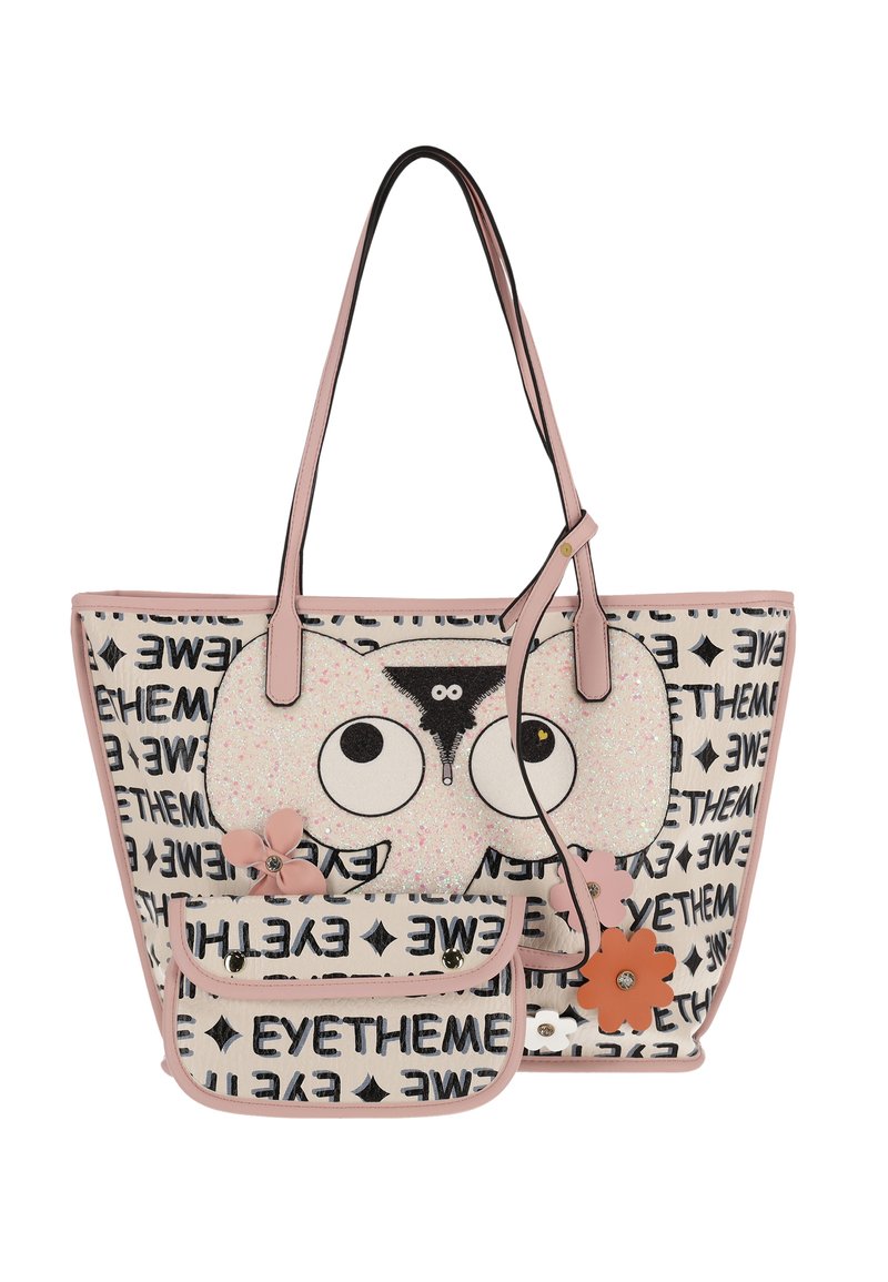 Geantă tote cu mâner roz, imprimeu cu text alb și negru, fața mare a unui bufniță de desene animate cu ochi supradimensionați și un accesoriu portocaliu în formă de floare detașabil.