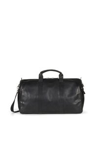 Bolsa de viaje de cuero negro con dos asas superiores, correa para el hombro ajustable y textura suave. Cierre con cremallera y sutil marca.