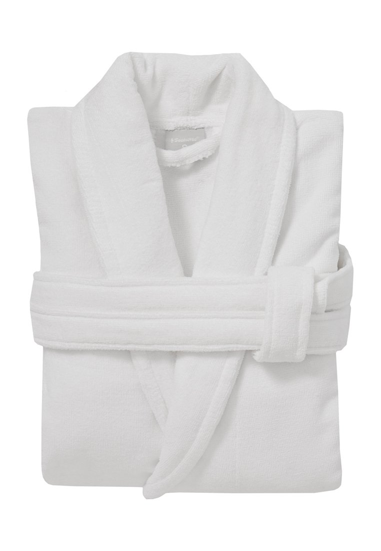 Accappatoio bianco in spugna, piegato con colletto sciallato, cintura da annodare e superficie texture. Design semplice senza motivi o abbellimenti.