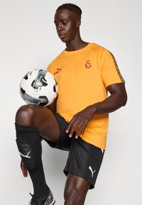 Oranje T-shirt met korte mouwen en zwarte accenten, met een logo. Zwarte shorts met Puma-logo. Zwart-wit gestippelde voetbal.
