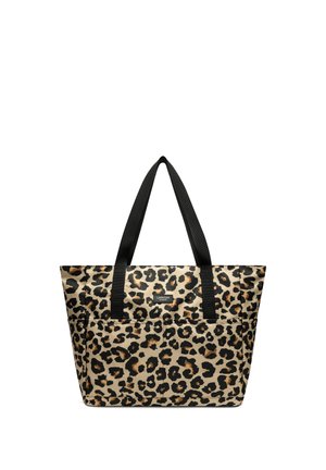 Leopardikuvioinen kangaskassi, jossa on kaksi mustaa kahvaa ja etutasku, pienellä suorakaiteen muotoisella "Larkson"-merkinnällä.