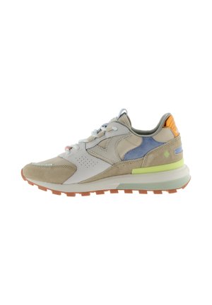 Beige and gray sneaker with suede and mesh materials, accented by light blue, orange, and green details. Features perforated panels and a rubber sole.