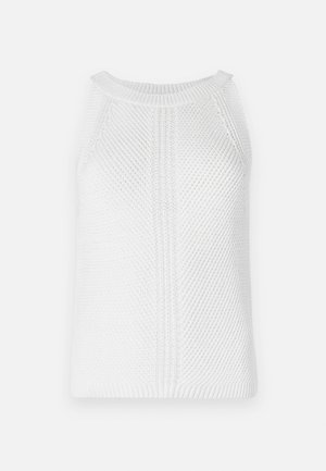 Débardeur tricoté blanc avec un motif texturé, encolure ronde et emmanchures larges ; présente des détails de tricot verticaux et horizontaux distincts.