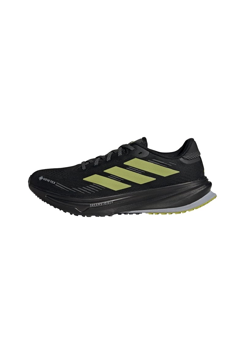 Black and yellow Adidas running shoe with Gore-Tex material, cushioned sole, and three yellow stripes on the side.