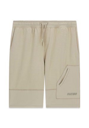 Beige knielange Shorts mit elastischem Bund und Kordelzug, seitlichen Taschen und einer schrägen Reißverschlusstasche mit dem "GUESS"-Logo am rechten Bein.
