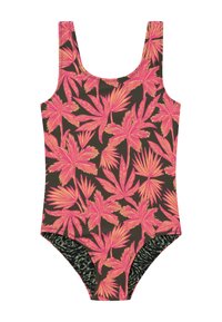 Maillot de bain une pièce avec de grandes feuilles tropicales roses sur un fond noir, avec une doublure à imprimé animal vert contrastant. Bretelles ajustables.