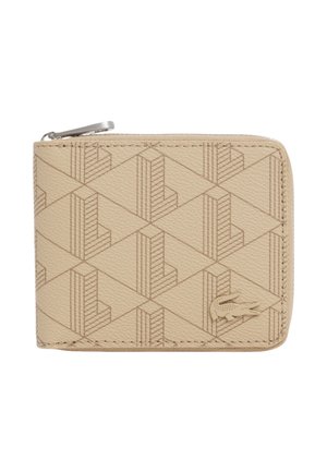 Cartera de cuero beige con cremallera, con patrones geométricos lineales y un pequeño logo de cocodrilo en la esquina inferior derecha.