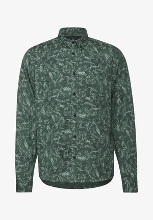 Grünes Langarmhemd mit einem von der Natur inspirierten Blattenmuster, knöpfbarem Frontverschluss und Kragen. Hergestellt aus leichtem Stoff mit glatter Textur.