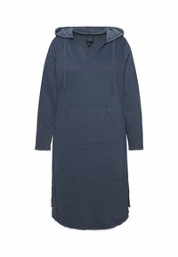 Laivastonsininen hupparimekko, joka on valmistettu pehmeästä kankaasta. Mekossa on V-pääntie, etutasku ja sivuhalkiot. Helma on pyöristetty ja siinä on revitty reuna.