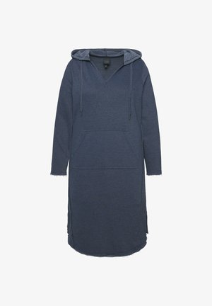 Navy hoodie dress made of soft fabric, featuring a V-neck, front pocket, and side slits. Hemline is rounded with frayed edges.