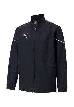 Veste coupe-vent noire avec un col montant, fermeture éclair sur le devant et poignets élastiques. Détails notables en blanc avec une rayure et un logo sur la poitrine.