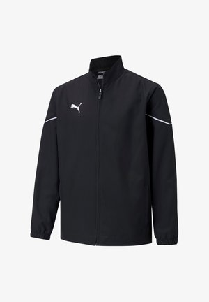 Giacca a vento nera con colletto alto, zip frontale e polsini elasticizzati. Dettagli in bianco notevoli e logo sul petto.