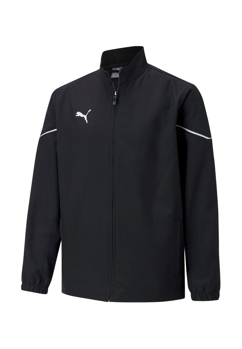 Schwarze Windbreaker-Jacke mit hohem Kragen, Front-Reißverschluss und elastischen Bündchen. Auffällige weiße Streifendetails und Logo auf der Brust.