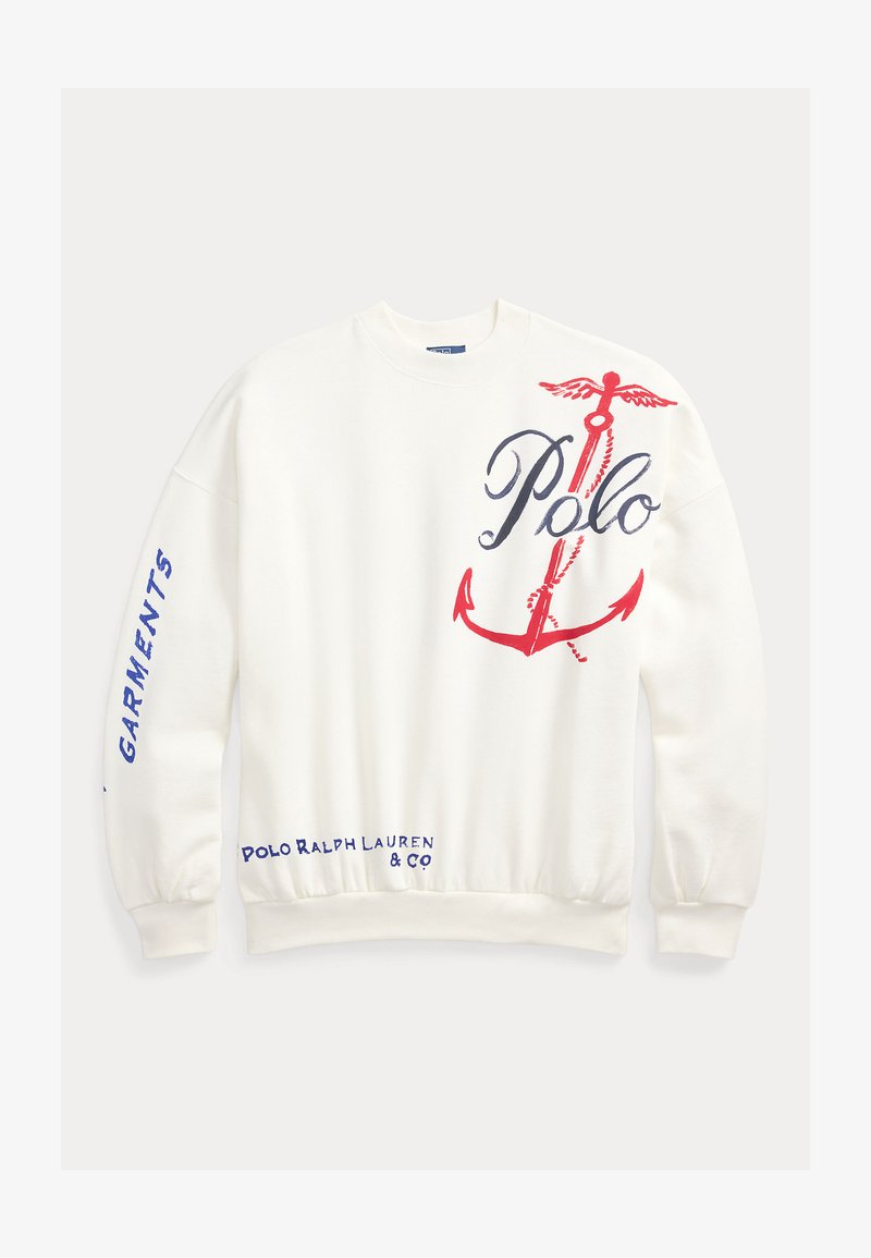 Hvid sweatshirt med et stort rødt anker og "Polo" i mørkeblå. Tekst på ærmerne i blå, blødt materiale med ribbede manchetter.