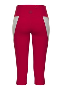 Leggings capri rouges avec une taille haute, dotés de panneaux latéraux gris, fabriqués en matériau flexible, avec un petit logo à l'arrière.