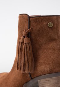 Brązowe botki na kostkę z imitacji zamszu, ozdobione frędzelkiem, o gładkiej fakturze, z jasnobeżowym przeszyciem i niskim, warstwowym obcasem.