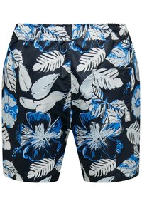 Zwarte zwembroek met een groot blauw en wit bloemenpatroon. Elastische tailleband met een achterzak voor opslag. Glad textiel.